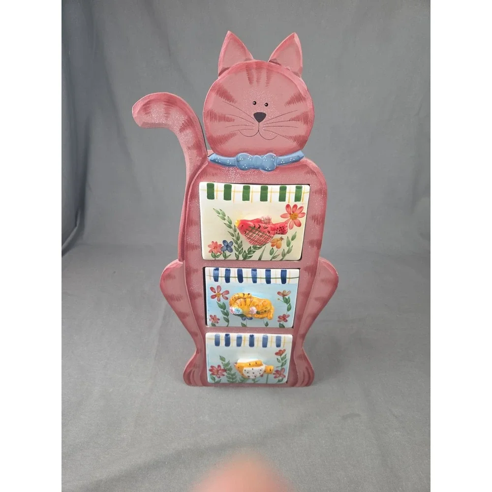 Vtg Wooden Cat Shaped 3 Drawer Ceramic Trinket Box Chest Storage Cottagecore
